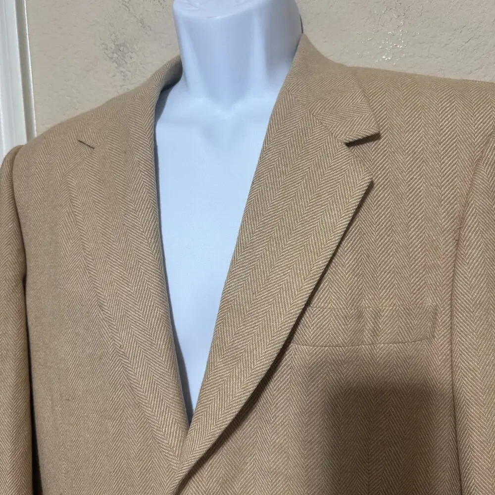 VTG Tweed Jacket Mens 44S Herringbone Beige Wool Blazer USA Union Made custom